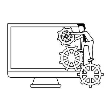 Computer screen with businessman and gears black and white イラスト素材
