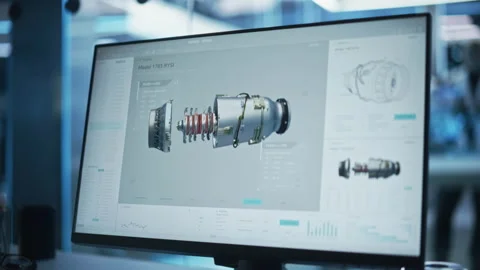 Computer Screen with CAD Turbine Blueprint Video stock 229841501