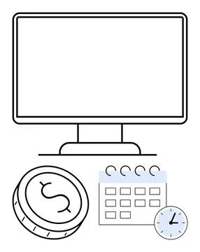 Computer screen, calendar, clock, and dollar coin representing time managem.. Stockillustratie