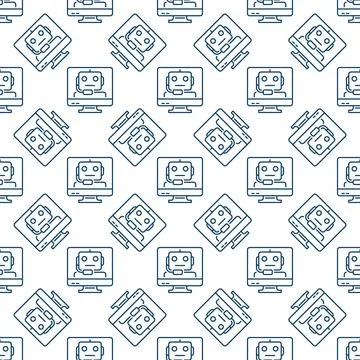 Computer Screen with Chatbot vector Online Chat line seamless pattern 스톡 일러스트
