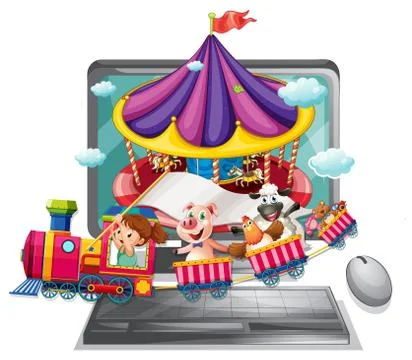 Computer screen with children and animals on train Illustrazione stock
