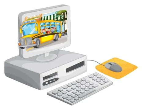 Computer screen with children on schoolbus Stock Illustration
