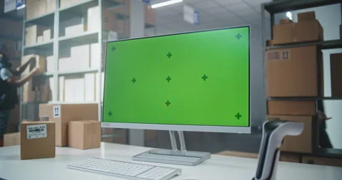 Computer Screen with Chroma Key Mockup. Sorting Center Workers Carrying Parcels 库存影片 307665800