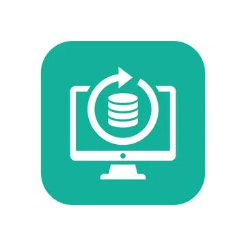 Computer screen with circular arrow and coin database icon teal flat design.. Stock Illustration