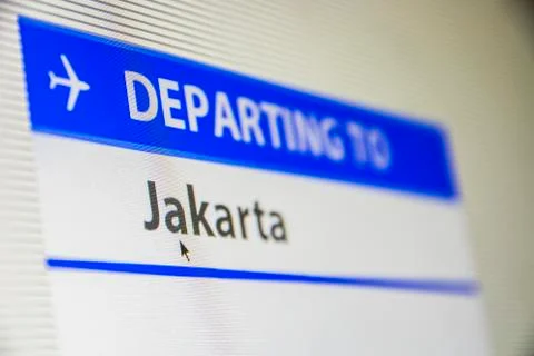 Computer screen close-up of flight to Jakarta Stock Photos