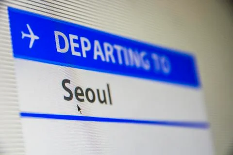 Computer screen close-up of flight to Seoul Stock Photos