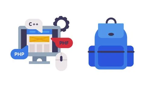 Computer Screen with Code and Blue Backpack as School Education Object Vector Stock Illustration