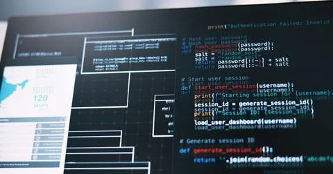 Computer screen, code and software development with programming language for AI Stockfoto's