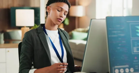 Computer screen, code and woman with neck pain, office and uncomfortable with Stock Footage 330059984