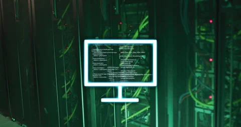 Computer screen with code animation over server racks in data center Stock Footage 304767393