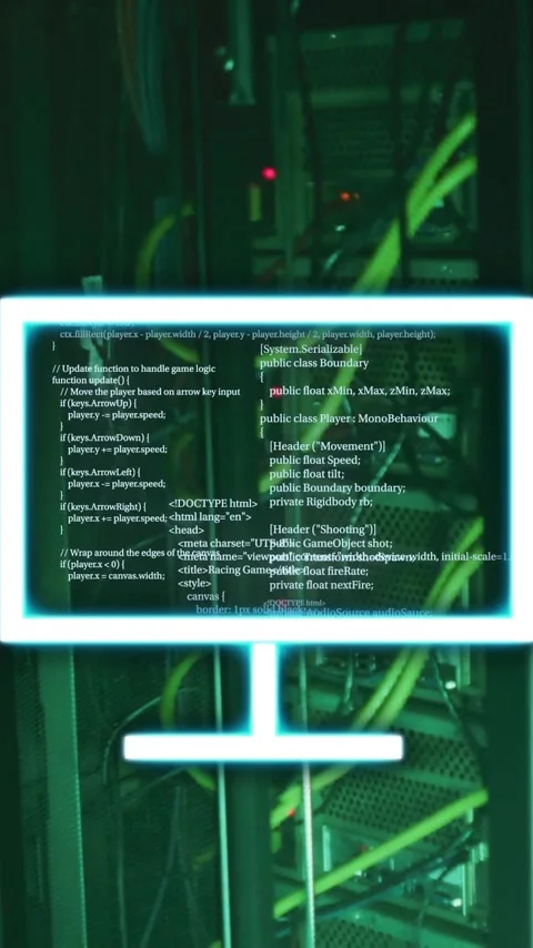 Computer screen with code animation over server racks in data center Stock Footage 323780955