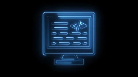 Computer screen with code snippets and brackets appearing in neon blue light Stock Footage 322961992