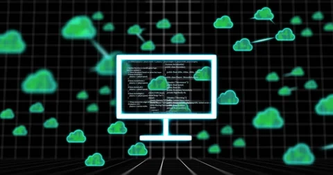 Computer screen with code surrounded by cloud icons, data processing animation Stock Footage 304767222