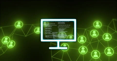 Computer screen with coding animation over network of connected user icons Video stock 304767237