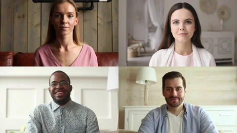 Computer screen collage of four diverse people making video call. Stock-Footage 130385181