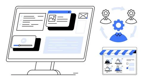 Computer screen with content windows, user icons with gear, and online store  Illustrazione stock