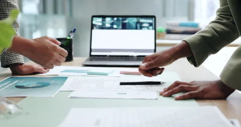 Computer screen, contract and handshake with business people in office for Stock Footage 306538591