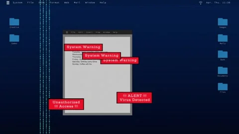 Computer screen with cyber crime warning signs, system hacked, virus detected Stock Footage 333975932