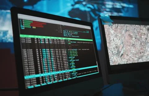 Computer screen, cybersecurity and technology background for surveillance, data Stock-Fotos