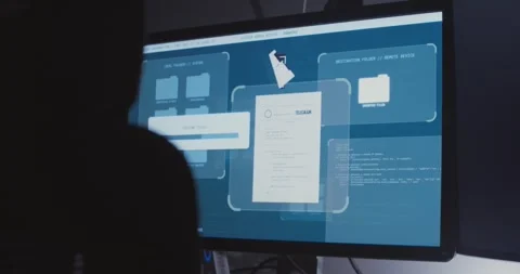 Computer screen in dark office display copying secret files and folders Vidéo 328543284