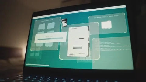 Computer screen in dark room displaying security breach of system copying files Stock Footage 300800472