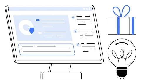 Computer screen with data analysis, pie chart, and checklist. Nearby, a gift  스톡 일러스트