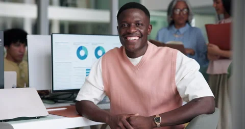 Computer screen, data and face of man in office for break or review of charts Stock Footage 329452102