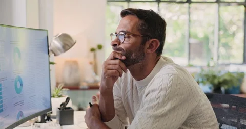 Computer screen, data and problem solving with man in home office for remote Stock Footage 303664792