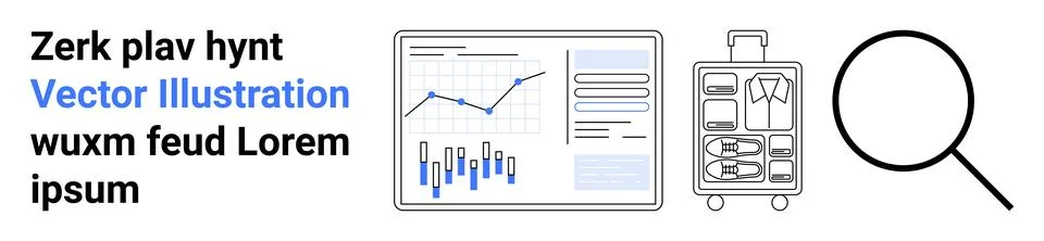 Computer screen with data charts and graphs, travel suitcase with clothes, ma Stock Illustration
