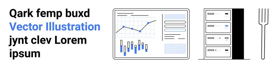 Computer screen with data charts, server rack, and fork. Ideal for data analy Stock Illustration