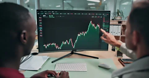 Computer screen, data or men with trading advice for economy news, chart Stock Footage 341459074