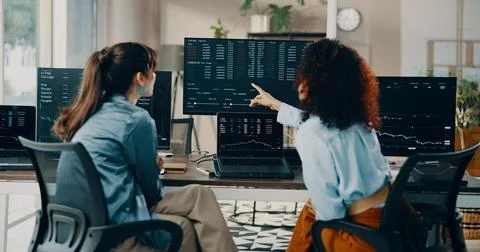Computer screen, data or people with trading advice for stocks news, chart .. Stock Photos
