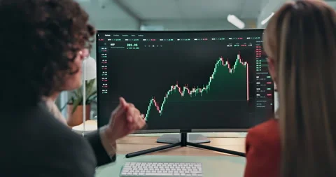 Computer screen, data or team with trading advice for stocks news, chart Stock Footage 341459168