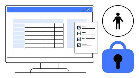 Computer screen with a data table, checklist, person icon, and blue padlock s Stock Illustration