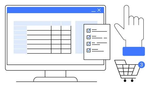 Computer screen with data table, checklist of tasks with checkmarks, pointing Stock Illustration