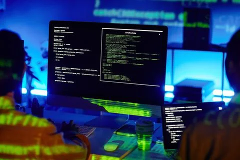 Computer screen with decoded data and two young contemporary programmers Stock Photos