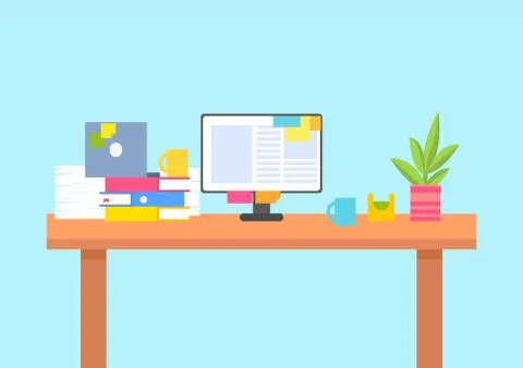 Computer Screen on Desk Full of Paper Documents イラスト素材