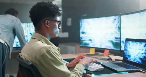 Computer screen, developer and coding on keyboard in office and productivity on Stock Footage 264560903