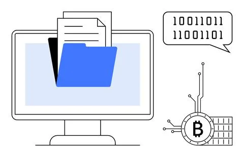 Computer Screen with Digital Folder, Documents, and Cryptocurrency Symbol Stock Illustration