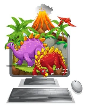 Computer screen with dinosaurs and volcano Stock-Illustration