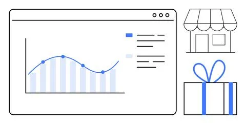 Computer screen displaying analytics graph with data points, small storefront 스톡 일러스트