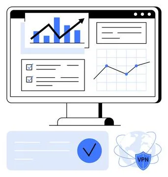Computer screen displaying bar chart, line graph, and checklist with two blue Stock Illustration