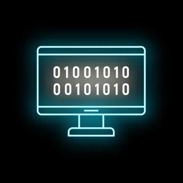 Computer screen displaying binary code neon icon Stockillustratie
