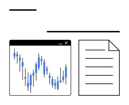 Computer screen displaying a candlestick chart, paper with text lines. Ideal  Stock Illustration