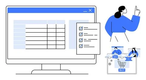 Computer screen displaying a checklist next to grid layout, individual pointi Stock Illustration