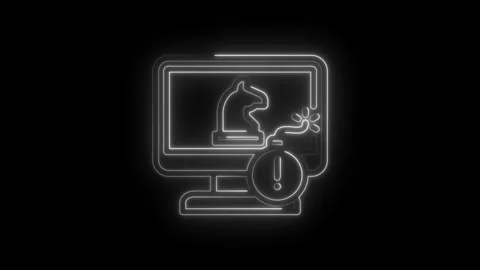 Computer screen displaying chess knight bomb alert warning symbol digital threat Stock Footage 333970452