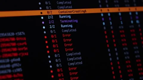 Computer screen displaying cloud orchestration logs with server container Stock Footage 346526096