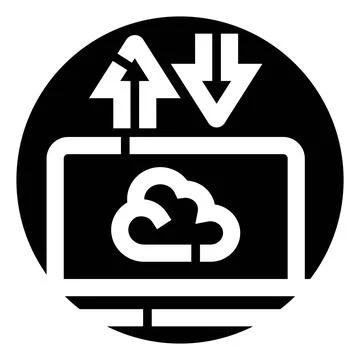 Computer screen displaying cloud storage with data transfer arrows Ilustração Stock