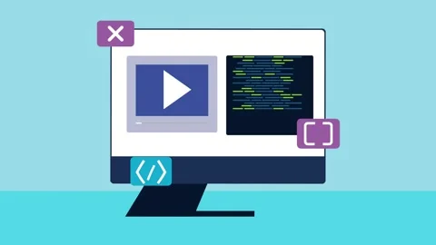 Computer screen displaying code and video player with icons and cursors ani.. Stock Footage 334161638
