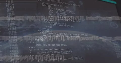 Computer screen displaying complex SQL code with digital world map overlay 스톡 사진